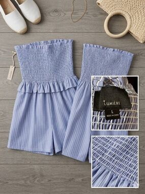 Lumiere Blue & White Striped Smocked Strapless Romper